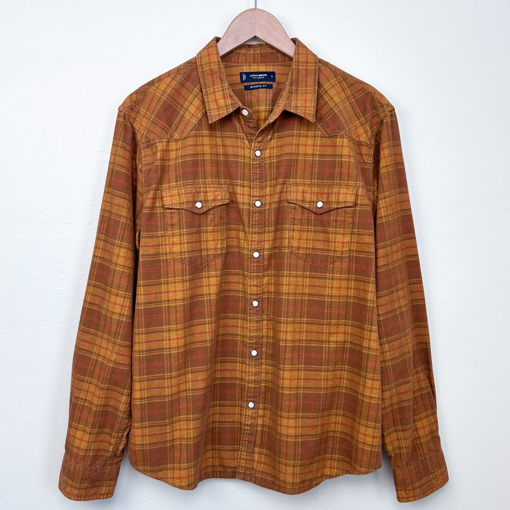 Lucky Brand Corduroy Autumn Plaid Long Sleeve Pearl Snap Collared Shirt LARGE